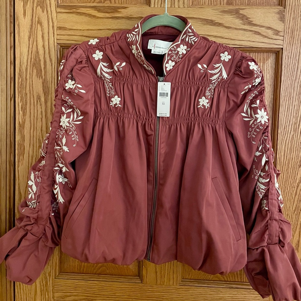 NWT Anthropologie Embroidered Gathered Jacket Plum - XS